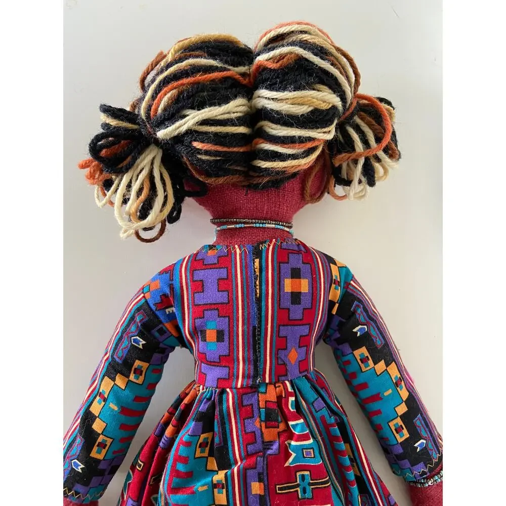 Handmade Boho Folk Art Beaded Red Purple & Blue Embroidered Yarn Hair Cloth Doll